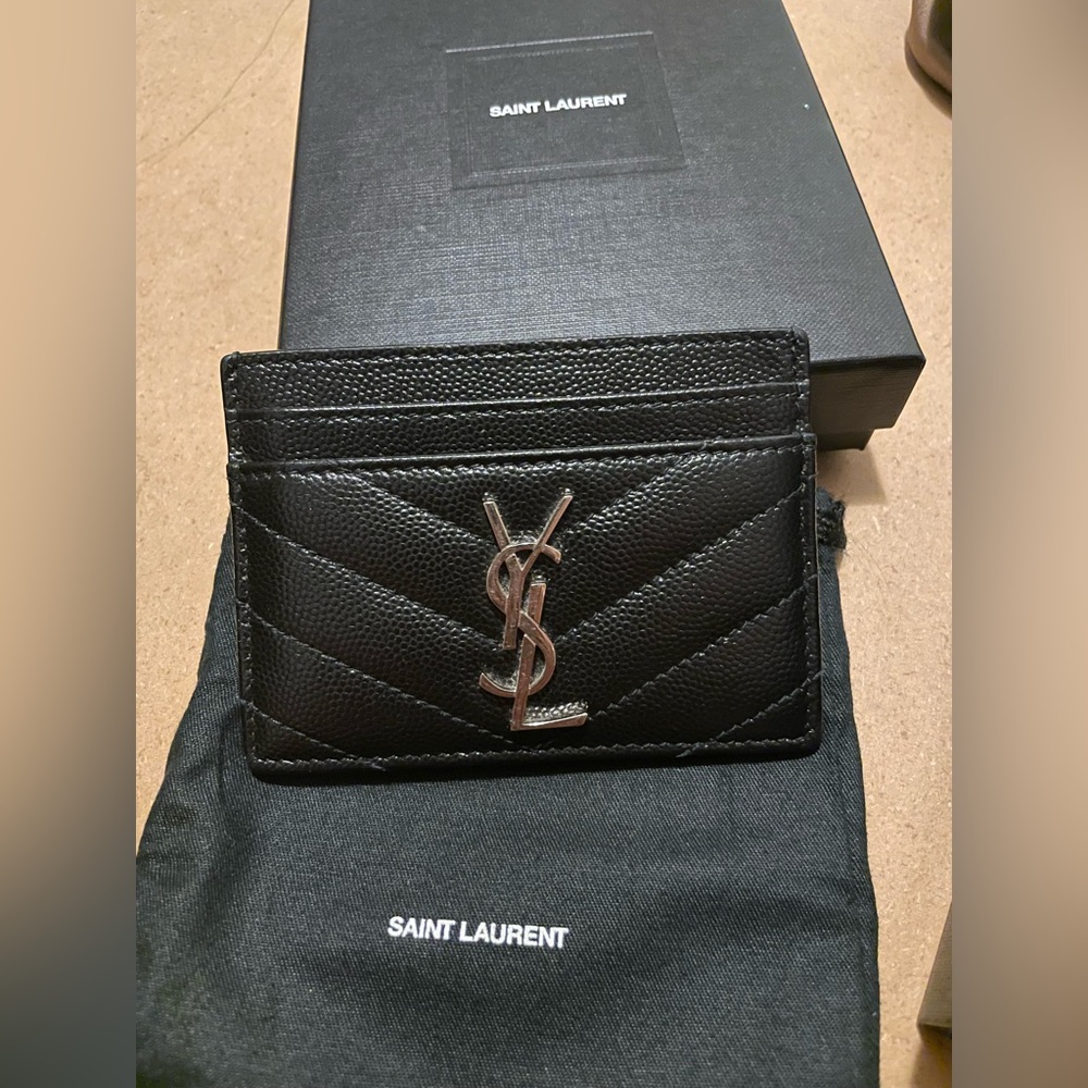 YSL Black Silver Hardware Grain de Poudre Cardholder